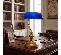 BARCELONA LED Lampe de Bureau Banquier Vintage E27 avec Abat-jour en Verre Bleu Orientable, Base Métal Laiton Doré, Style Rétro Nordique Moderne pour Chambre Salon Bureau Hôtel Décoration