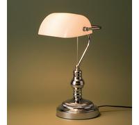BARCELONA LED Lampe de bureau style banquier vintage. Abat-jour en verre blanc, corps chromé, bras orientable. Interrupteur à chaîne, douille E27. Design rétro pour bureau, chambre ou salon.