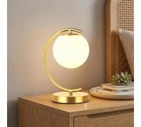 BARCELONA LED Lampe de table design moderne et luxueuse, boule en verre opalin blanc avec structure en aluminium courbé finition platine doré, style rétro élégant pour chambre salon