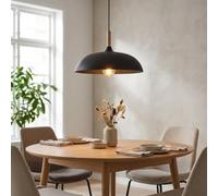 BARCELONA LED Suspension MELA E27 Noire Style Scandinave Luminaire Suspendu Rond avec Détail Bois Clair Hauteur Réglable 120 cm Lampe de Plafond Moderne pour Salon Salle à Manger Cuisine Chambre