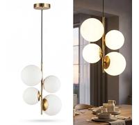 BARCELONA LED Suspension TANNA 4 Lumières E27 G45 Dorée | Verre opalin, aluminium, globes Ø15 cm, câble réglable 97 cm, IP20, salon, salle à manger, chambre, hôtellerie