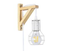 BarcelonaLED Applique Murale Nordique en Bois avec Interrupteur de Prise de Câble, Abat-Jour Cage Blanc Vintage et Ampoule à Filament LED E27 Incluse pour Salon Chambre