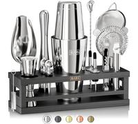 Bare Barrel Kit de Fabrication de Cocktails | 16 pièces pour Barman | Présentoir en Bambou et 35 Cartes de Recettes | Coffret Cadeau Mixology Cocktail (800 ml/793,8 g, Argenté/Noir)