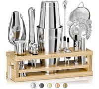 BARE BARREL® Kit de Fabrication de Cocktails | Ensemble de 16 Pièces pour Barman avec Shaker à Cocktail | Support d'affichage en Bambou & 35 Cartes de Recettes | Ensemble Cadeau de Mixologie (Shaker