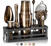 BARE BARREL® Kit de fabrication de cocktails | Kit de barman 16 pièces Ensemble shaker à cocktails | Présentoir en bambou et 35 cartes de recettes | Coffret cadeau de mixologie (Shaker Boston 800ml