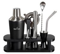BARMINGO Shaker Cocktail Kit | 11 Pièces, Volume de 700 ML, Noir - Argent | Shaker Cocktail INOX avec Support et Accessoires de Bar | Set Barman Cocktail Shaker | Kit Cocktail Professionnel