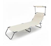 Baroni Home Chaise Longue Pliable et inclinable avec Pare-Soleil réglable à 360° et Coussin Amovible, Chaise Longue en métal avec Tissu Hydrofuge, Charge maximale 110 kg, 186 x 55 x 24 cm, crème