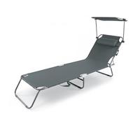 Baroni Home Chaise longue pliable inclinable avec pare-soleil réglable à 360° et coussin amovible, chaise longue en métal avec tissu imperméable, capacité 110 kg, 186 x 55 x 24 cm, gris