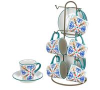 Baroni Home Ensemble de Tasses et Soucoupes en Céramique Décoré Peints à la Main, 6 Tasses à Café avec Pratique Manches, Tasses avec Structure en Métal, Ligne Capri, 15x13x29 cm