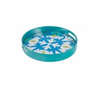 Baroni Home Plateau rectangulaire avec fond en verre à motifs abstraits, plateau de service avec bord et poignées en bois, plateau décoré de cuisine, 40 x 24 x 4,5 cm (rond Turquoise)