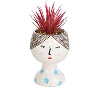 Baroni Home Vase en Céramique Avec Fausse Plante, Forme de Visage, Peint à La Main Couleurs Vives, Pot Décoratif pour Fleurs d'Intérieur, Robe de Fleurs Bleues, 11,5x11x24 cm