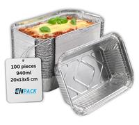 Barquette de cuisson en aluminium avec couvercle - 20 x 13 x 5 cm - 940 ml - Lot de 100