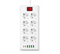 Barre d'alimentation électrique avec 8 prises Schuko, 6 ports de charge rapide USB, 2500 W/230 V, protection contre les surtensions avec interrupteur, câble de 2 mètres, couleur blanche