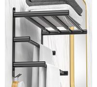 Barre extensible noire de 43 à 76 cm pour salle de bain et cuisine, porte-serviettes et porte-torchons, en acier inoxydable SUS304, fixation murale sans perçage, réglable (porte-serviettes noir à 3 ni