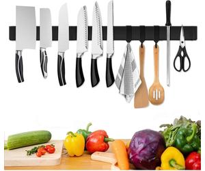 Barre magnétique couteau 60cm inox noir avec 3 crochets autocollants