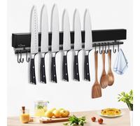 Barre magnétique pour couteaux avec crochets, 50 cm, noire, en acier inoxydable, 2 modes de fixation