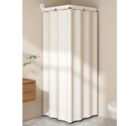 Barre Tringle Rideau Douche Angle Extensible Reglable Pliable Sans Percage avec Double Ventouse et Rideau de Douche en Lin Anti Moisissure Lavable en Machine(D-Beige,129 cm/50.8 in)