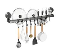Barre Ustensiles Ventouse, Porte Ustensiles Cuisine Mural à Double Rail, 40 cm Barre Ustensiles Cuisine Murale pour Couvercles, Barre à Crochets Cuisine pour Cuisine et Salle de Bain, Gris Foncé