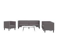 Basinlix Ensemble de canapé Chesterfield 3 pièces gris en cuir synthétique pour salon avec 2 places, 3 places et fauteuils, meubles rembourrés faciles d'entretien, canapé d'angle durable avec espace