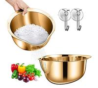 Bassine de lavage en acier inoxydable pour riz, Panier à Légumes En Acier Inoxydable, bol de lavage de riz, passoire pour le nettoyage des fruits, légumes et haricots avec outil de cuisine (doré)
