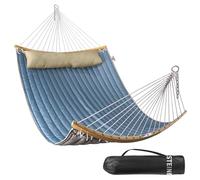 Bathonly Hamac Double, Hamac 2 Personnes en Tissu Matelassé De 335 cm pour l'Extérieur avec Oreiller, Barre d'écartement Incurvée Pliable, Chaînes, Sac de Transport, Capacité 204 Kg, Bleu Jean