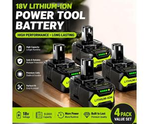 Batterie 18 V - Batterie Li-Ion pour outils - 8,0 Ah / 8 000 mAh - Batterie de rechange - Compatible avec les modèles RBL1810, P108, P104, P107 et P109 - Lot de 4