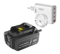 Batterie 18V 6Ah avec port USB-C PD, fonction de charge, compatible avec les modèles Makita BL1840, BL1850, BL1860, BL1815, LXT400, et adaptateur secteur de charge rapide USB-C/USB-A de 140W