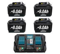 Batterie 18V pour Makita - Coffret de batteries de rechange - 4 batteries de 9000 mAh au lithium-ion - Compatible avec les modèles BL1830, BL1840, BL1850, BL1860 - Livré avec un chargeur rapide double