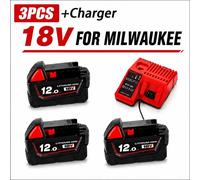 Batterie 18V pour outils électriques - Coffret de batteries lithium-ion 12Ah - 3 batteries - Chargeur rapide inclus - Haute performance - Cellules 18650 - Rechargeable