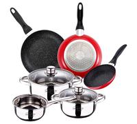 Batterie 5 pièces Cassel + set 3 poêles Ø16/Ø20/Ø24 cm rouge, aluminium pressé, antiadhésif, induction