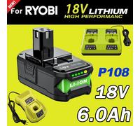 Batterie 6Ah pour RYOBI 18V P108, batterie 18V Plus, outils électriques Li-ion 18 volts P104 P107 RB18L50 RB18L20 P108 1 battery 1 charger