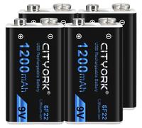 Batterie 9V, capacité de 1200 mAh, rechargeable par micro USB, lot de 4