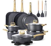 Batterie Cuisine 21 Pièces Granit Antiadhésif, Poêle, Casserole, Wok, Grill Et Cocotte, Tous Feux, Lave-Vaisselle Noir