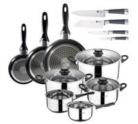 Batterie cuisine 8 pièces : 2 casseroles Ø16 et Ø18 ; casseroles Ø20 Ø24 et Ø28 + 3 poêles 16-20-24 cm aluminium pressé + jeu de couteaux de cuisine