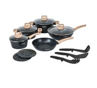 Herzberg HG-WDMRB14 : lot de 14 couverts en granit avec manche en bois - noir