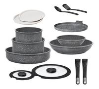 Batterie de cuisine 14 pièces induction Casseroles Poêles 28cm/20cm,Lot de Casseroles avec poignées amovibles,Empilable,Gris