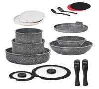 Batterie de cuisine 16 pièces induction, Lot de Casseroles et Poêles 20 / 28cm avec poignées amovibles, 16-pièc BATTERIE DE CUISINE