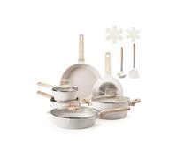 VEVOR Batterie de cuisine, 17 pcs, ensemble de casseroles et poêles à induction avec revêtement anti-adhésif en granit, couvercles en verre trempé, avec friture, sauce, sauté, passe au gril, blanc