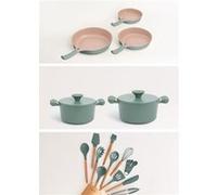 Batterie de cuisine 3 poêles PAN STUDIO, 2 cocottes POT STUDIO et kit d'ustensiles KITCHENWARE STUDIO - Sauge