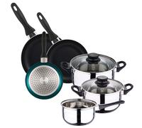 Batterie de cuisine 5 pièces acier inoxydable + set 3 poêles Ø16Ø20Ø24 aluminium pressé, bleu métallisé