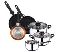Batterie de cuisine 5 pièces acier inoxydable + set 3 poêles Ø16Ø20Ø24 aluminium pressé, bronze métallisé