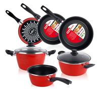 Magefesa GRANA Set de casseroles, 5 pièces, 3 poêles, induction, sans PFOA, couvercle en verre rouge