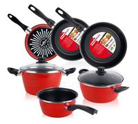 Magefesa GRANA Set de casseroles, 5 pièces, 3 poêles, induction, sans PFOA, couvercle en verre rouge