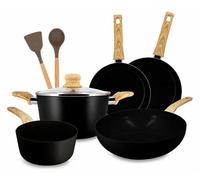 Batterie de cuisine 9 pièces MENASTYL Colorama, Aluminium recyclé, Revêtement antiadhésif, Compatible induction, Noir