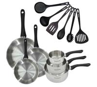Set 3 poêles 20 24 et 28 cm 3 casseroles 12 16 et 20 cm en inox et 6 ustensiles Fackelmann Geneva