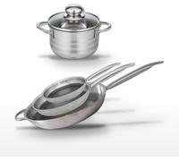 Batterie de cuisine avec 1 faitout 12 cm et 3 poêles 24/28/32 cm en inox et aluminium sans PFAS Elo Collection Relief Solution Brillant