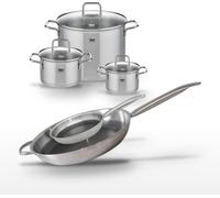 Batterie de cuisine avec 1 faitout 16 cm 2 faitouts 20/26 cm et 2 poêles 24/32 cm en inox sans PFAS Elo Collection Relief Solution Citrin