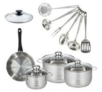 Batterie de cuisine avec 1 poêle 20 cm et 3 faitouts 16/20/24 cm avec 7 ustensiles de cuisine Fackelmann Généva Brillant Oxford avec couvercles