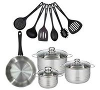 Batterie de cuisine avec 1 poêle 24 cm et 3 faitouts 16/20/24 cm avec 6 ustensiles de cuisine sans PFAS Fackelmann Généva Brillant Fénix