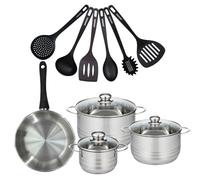 Batterie de cuisine avec 1 poêle 24 cm et 3 faitouts 16/20/24 cm avec 6 ustensiles de cuisine sans PFAS Fackelmann Généva Brillant Fénix